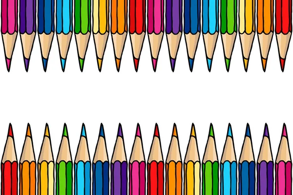 Lápices Multicolor Borde Aislado Sobre Blanco Papelería Dibujado Mano Vector — Vector de stock