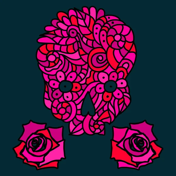 Den Mrtvých Nebo Halloween Doodle Růžové Lebky Růží Ručně Kreslenou — Stockový vektor