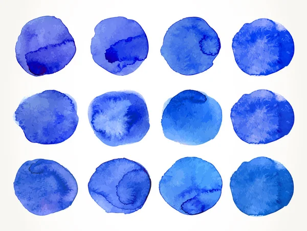 Handgezeichnete Dunkelblaue Aquarellkreise Gesetzt Isoliert Über Weiß Aquarell Farbe Hintergrund — Stockvektor