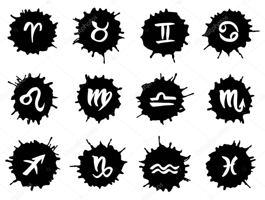 Collection of hand drawn zodiac signs. Vector graphics astrology set. Black ink blots isolated over white background.