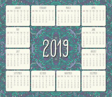 Yıl 2019 vektör aylık takvim üzerinde açık deniz mavisi ve mor süslü elle çizilmiş doodle arka plan, Pazar başlayan hafta.