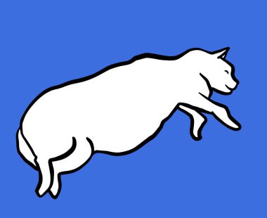Komik el çekilmiş beyaz şişman kedi yalan. Hayvan vektör anahat kroki çizim ile evde beslenen hayvan a yavru kedi. Üzerinde mavi izole.