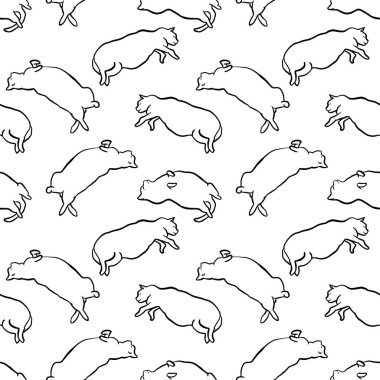 Komik el şişman kediler Dikişsiz desen yalan çekilmiş. Hayvan vektör anahat kroki arka plan illüstrasyon kitties ile. Şirin evde beslenen hayvan zemin beyaz üzerine siyah.