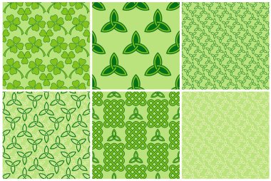 Geleneksel yeşil Kelt tarzı knot, sembolmüş sembolleri örgülü ve yonca sorunsuz desenleri kümesi bırakır. İrlandalı St. Patrick's günü vektör backrounds.
