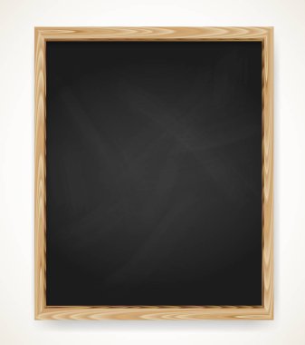 Gerçekçi boş siyah kara tahta ahşap çerçeve içinde. Okul veya restoran tasarımı, menü için arka plan. Blackboard vektör çizim gölge beyaz bitti izole.