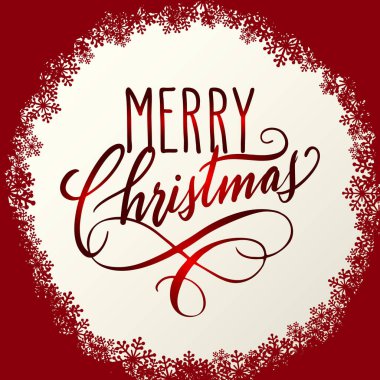 El yazısı Noel selamlar, modern Festival hat yazı içinde kartpostal için kar taneleri kare yuvarlak. Tatil sezonu kırmızı ve beyaz tasarım, vektör çizim.
