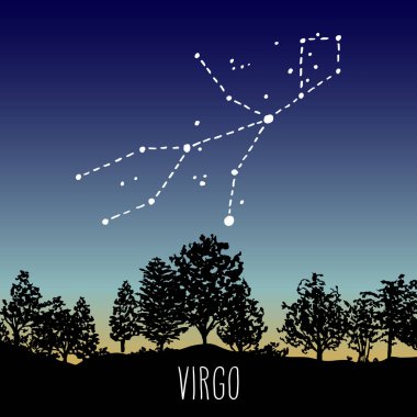 Başak el Zodyak işareti takımyıldızı yönünde bulunan bir alacakaranlık gökyüzü üzerinde yaprak döken orman çekilmiş. Vektör grafik Astroloji çizim. Batı Astroloji mistik sembol doğada.