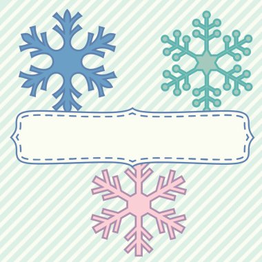 Boş çerçeve Noel metniniz için çok renkli kar taneleri ile. Vektör kış tatil pastel resimde çizgili arka plan üzerinde.