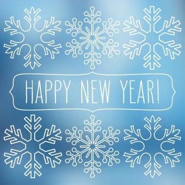 Mavi kare soyut pürüzsüz üzerinde beyaz kar taneleri yılbaşı selamlar bir çerçevede yazılmış el ile arka plan bulanıklık.