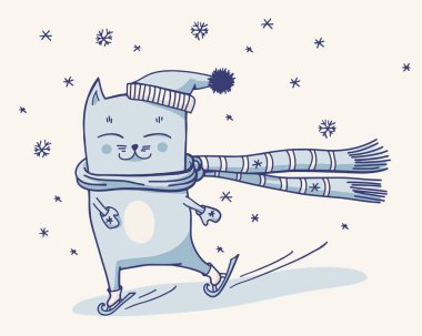 Noel şirin çizgili bir eşarp buz pateni kedi. Kış sporları. Elle çizilmiş doodle kitty, mittens ve kar taneleri ile vektör mavi ve beyaz çizim.