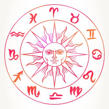 El zodyak işaretleri çevresinde güneş yüzü çizilmiş. Vektör grafik Astroloji göksel illüstrasyon parlak kırmızı beyaz bitti izole.