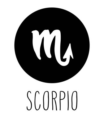 Akrep el burç çekilmiş. Astroloji tasarım öğesi. Vektör grafik illüstrasyon beyaz bitti izole siyah daire.
