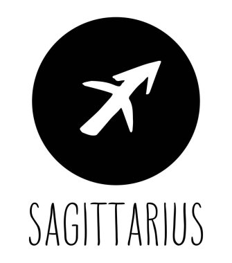 Burç yay el çekilmiş. Astroloji tasarım öğesi. Vektör grafik illüstrasyon beyaz bitti izole siyah daire.