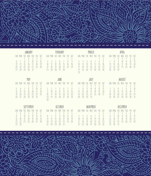 Année 2019 Vecteur Calendrier Mensuel Sur Dentelle Bleue Napperon Orné — Image vectorielle