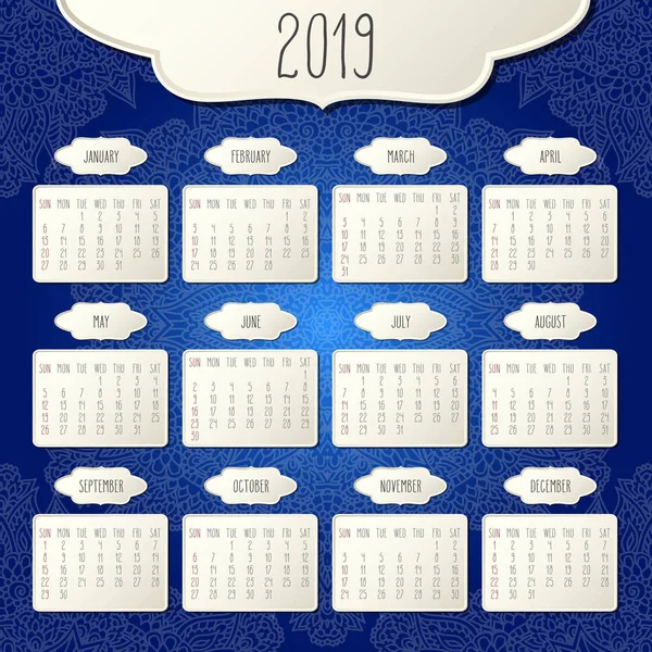 Year 2019 Vector Monthly Calendar Dark Blue Doodle Ornate Hand — Stock Vector