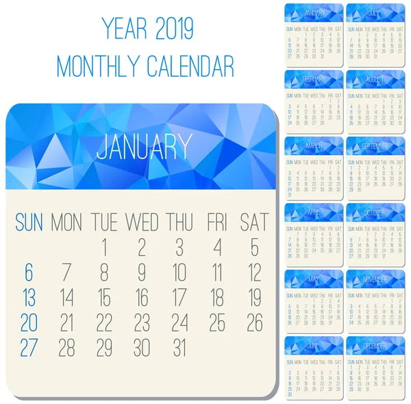 Rok 2019 Wektor Miesięczny Kalendarz Tydzień Niedzieli Konstrukcja Współczesnych Low — Wektor stockowy