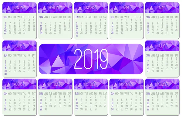 Year 2019 Vector Monthly Calendar Week Starting Sunday Contemporary Low — Stock Vector