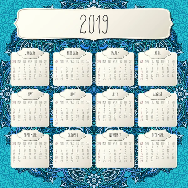 Jaar 2019 Vector Maandkalender Blauwe Doodle Sierlijke Hand Getrokken Florale — Stockvector