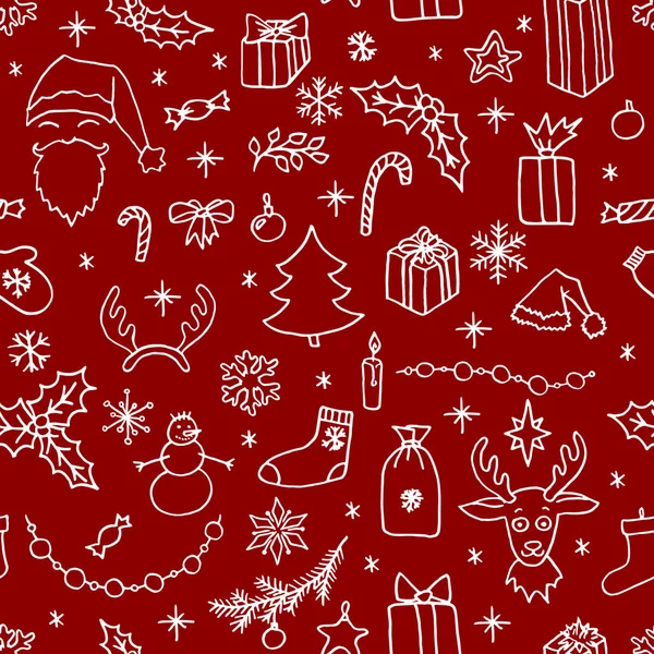 Boże Narodzenie Ręcznie Rysowane Doodle Wzór Santa Drzewa Renifer Bałwan — Wektor stockowy