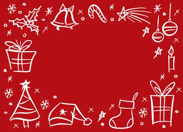 一套传统的圣诞手绘涂鸦元素 寒假空白框架背景 云杉树 礼品盒 铃铛和圣诞老人帽子 向量剪影 — 图库矢量图片