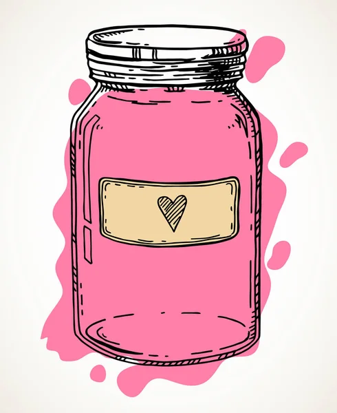Hand Drawn Illustration Vintage Pink Jar Full Love Heart Label — Stock Vector