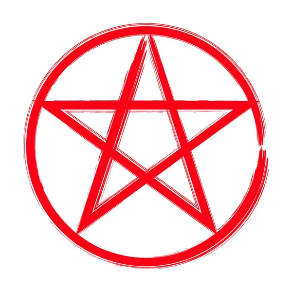 Red Pentagram Circle Icon Brush Drawing Magic Occult Star Symbol — Stock Vector