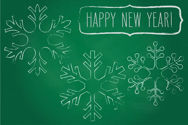 Drie Krijt Sneeuwvlokken Een Frame Met Nieuwjaar Groeten Groene Schoolbord — Stockvector