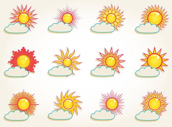 Sommeruntergang Strahlende Sonne Und Wolkensymbole Himmel Vereinzelt Über Weiß Symbolvektorsammlung — Stockvektor