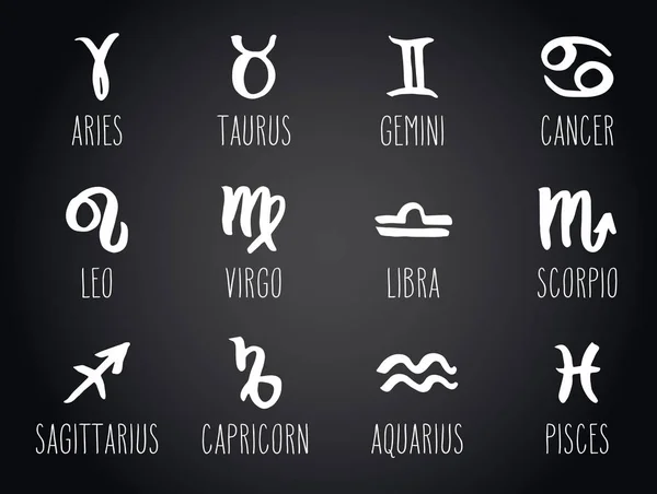 Colección Signos Zodiacales Dibujados Mano Astrología Gráfica Vectorial Ambientada Blanco — Archivo Imágenes Vectoriales