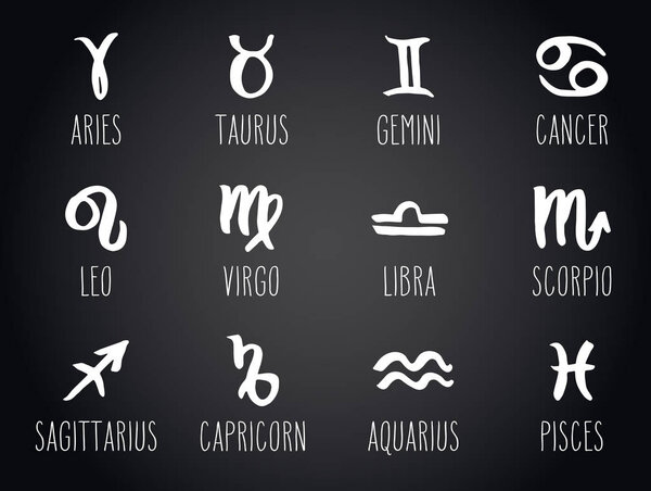 Collection of hand drawn zodiac signs. Vector graphics astrology set in white over black.