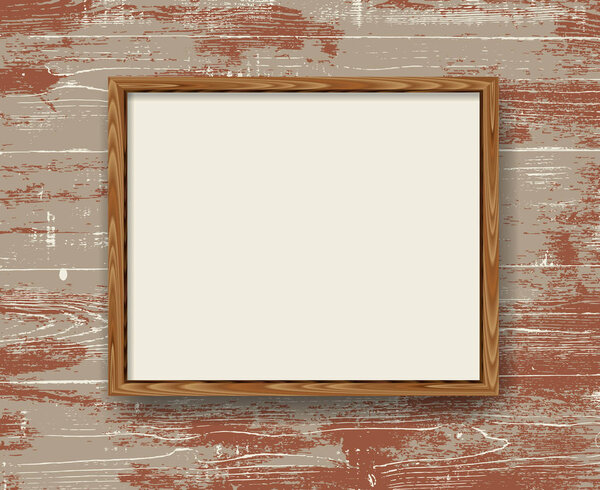 Realistic minimal blank wood frame over distressed wooden background. Brown border vector illustration.
