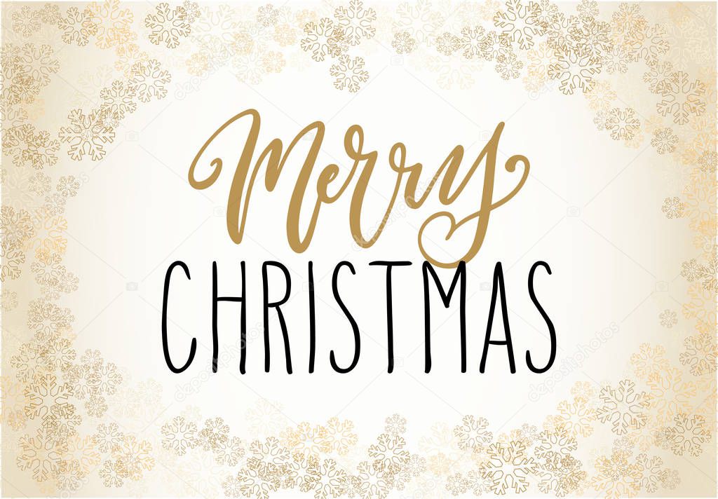 Elegant light golden handwritten Christmas greetings, modern festive calligraphy lettering for postcards in snowflakes frame. Holiday season design, vector illustration.