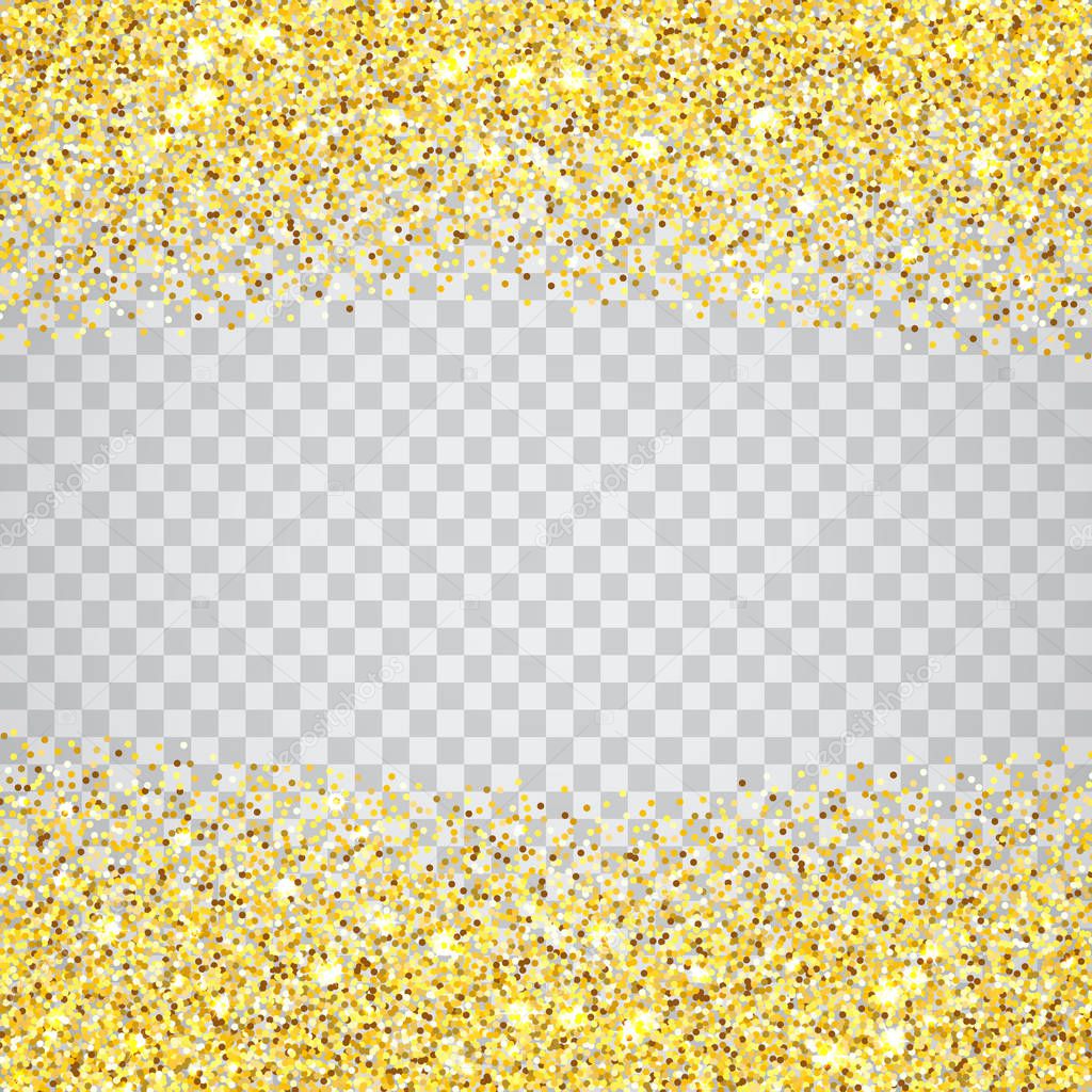 Gold glitter texture border over transparent checker background. Abstract golden sparkles of confetti. Vector square backdrop illustration.