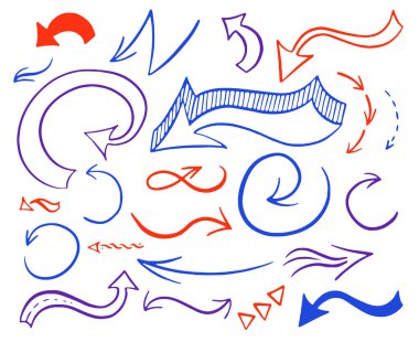 Elle çizilmiş renkli oklar küme. Beyaz arka plan üzerinde izole mavi, kırmızı ve mor semboller topluluğu. Vektör çizim.