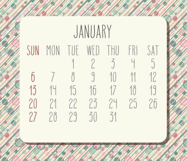 Ocak yıl 2019 aylık takvim vektör. Hafta Pazar başlayarak. Funky noktalar ve çizgiler arka plan.