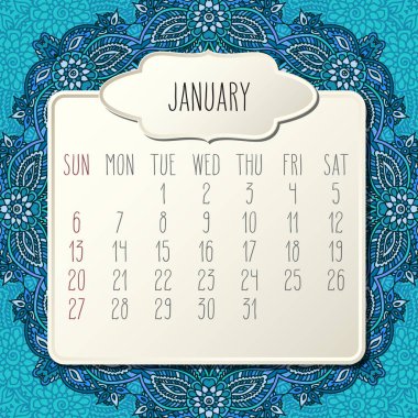 Ocak yıl 2019 vektör aylık takvim üzerinde mavi doodle süslü elle çizilmiş çiçek arka plan, Pazar başlayan hafta. Bej eğimli çerçeve tasarım.