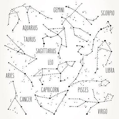 Elle çizilmiş Zodyak burç set imzalar. Vektör grafik Astroloji çizim. Siyah beyaz bitti izole Batı Astroloji mistik semboller koleksiyonu.