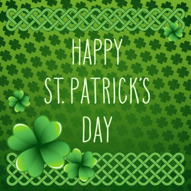 El çizimi St. Patrick günü koyu yeşil arka planda yonca yaprakları ve Kelt düğümleriyle karşılandı. İrlanda bayram festivali geleneksel vektör illüstrasyonu.