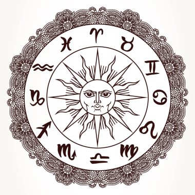 El zodyak işaretleri çevresinde güneş yüzü çizilmiş. Vektör grafik Astroloji göksel illüstrasyon kahverengi beyaz bitti izole.