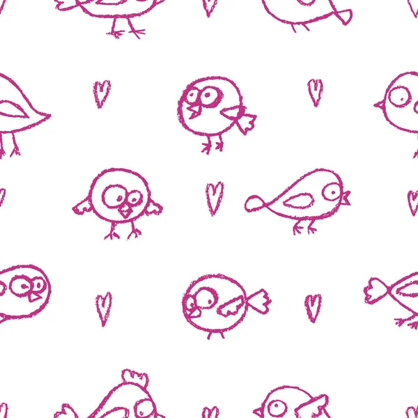 かわいい手描かれた鳥や心のシームレス パターンです 漫画のベクトルの背景 ホワイト ピンク色の輪郭の描画 — ストックベクタ