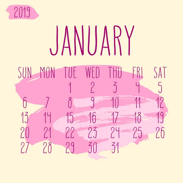 2019 月間カレンダーをベクトルします 週は日曜日から開始 ベージュの背景の上フリー ピンク ペイント ストローク芸術的なデザインを手書き — ストックベクタ