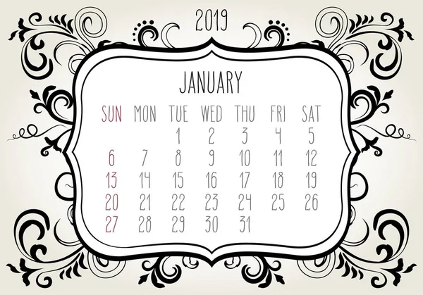 Enero Año 2019 Simple Vector Contemporáneo Calendario Mensual Semana Partir — Vector de stock