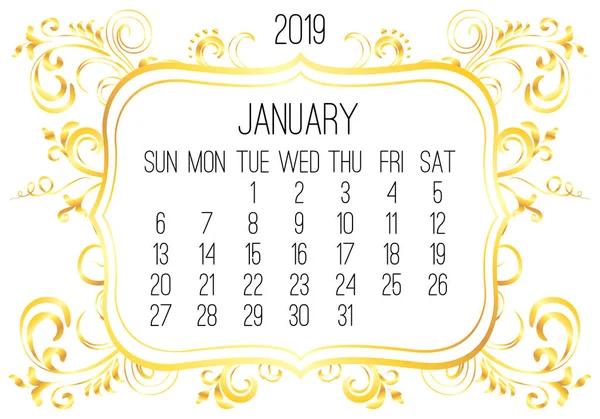 Janvier Année 2019 Vecteur Calendrier Mensuel Semaine Partir Dimanche Victorienne — Image vectorielle