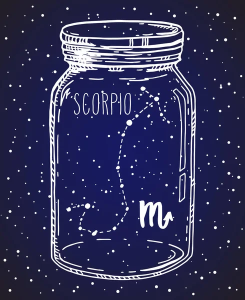 Scorpion Dessiné Main Constellation Signe Zodiaque Dans Bocal Maçon Illustration — Image vectorielle