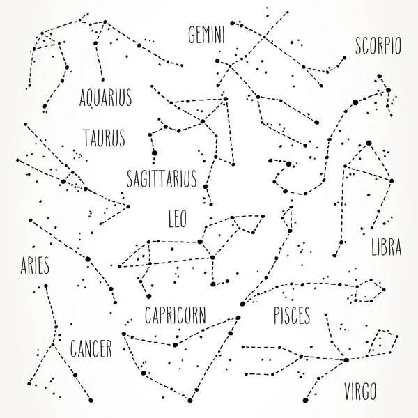 Set Costellazioni Segni Zodiacali Disegnati Mano Illustrazione Astrologica Grafica Vettoriale — Vettoriale Stock