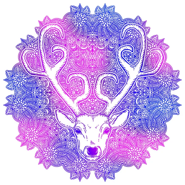 Belle Tête Cerf Style Tribal Dessinée Main Dessus Mandala Orné — Image vectorielle