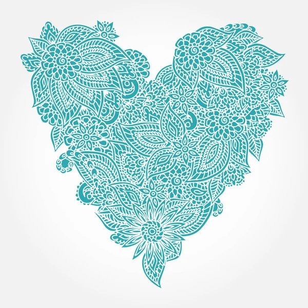 Detailed Hand Drawn Doodle Teal Blue Ornate Heart Isolated White — Stock Vector