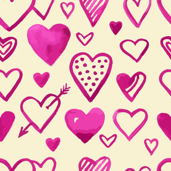 ベージュにピンクの手描き水彩心シームレス パターン バレンタインデーの背景 ロマンチックなベクトル図 — ストックベクタ