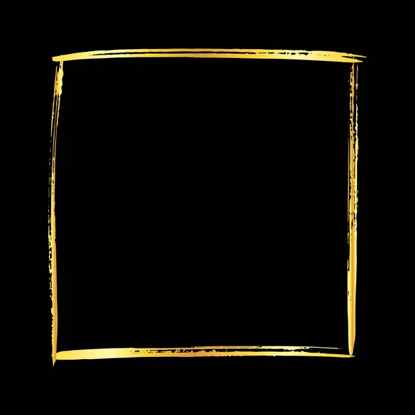 Gouden Grunge Brush Stroke Vierkante Frame Geïsoleerd Zwarte Achtergrond Ontwerp — Stockvector