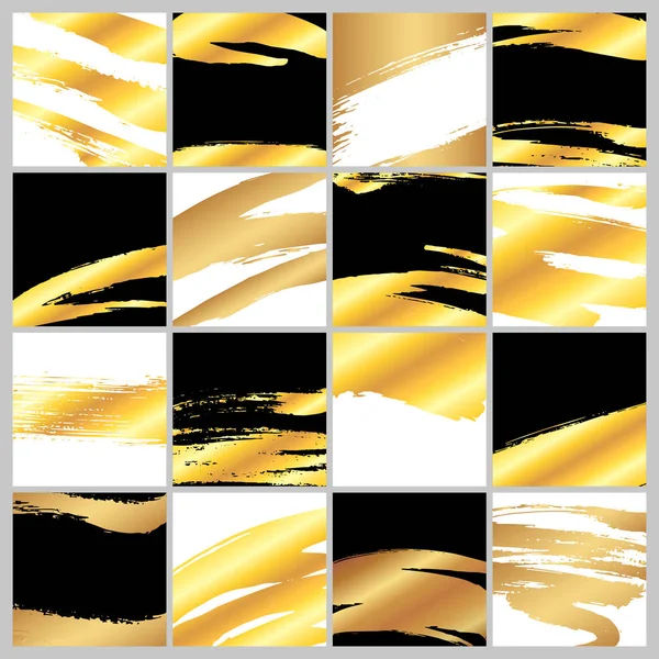 Golden Artistic Grunge Brush Paint Strokes Backgrounds Set Metal Shiny — Stock Vector